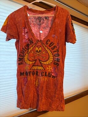 Affliction Rust Orange Distressed V-Neck Graphic Tee - Motor Club